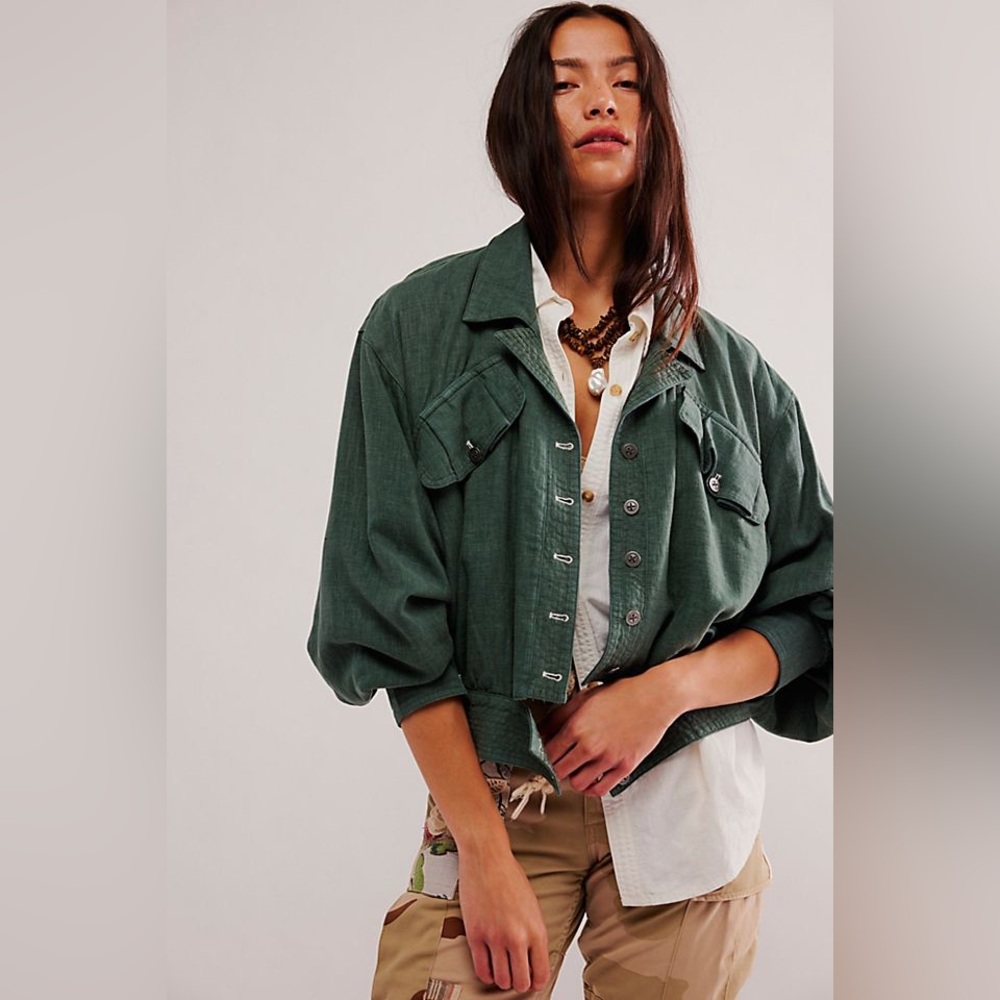 NWOT Free People Billy Saddle Green Bomber Jacket Linen Blend Size XS